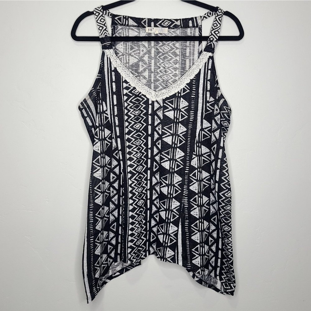 Jolt Tank Black and White Tribal Print Boho Print V Neck High Low Hem Line